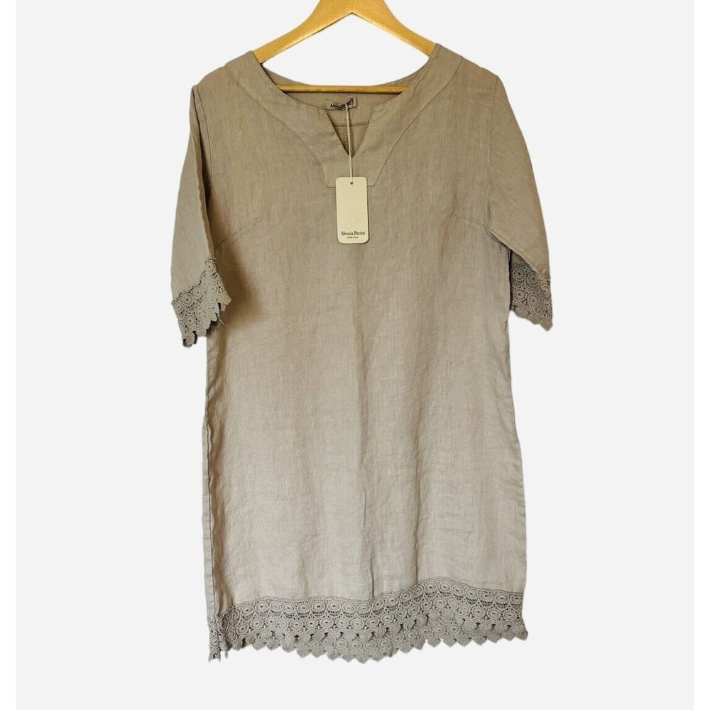 NWT Alessia Pacini Linen Mini Shift Tunic Dress Sand Italy Medium Lace